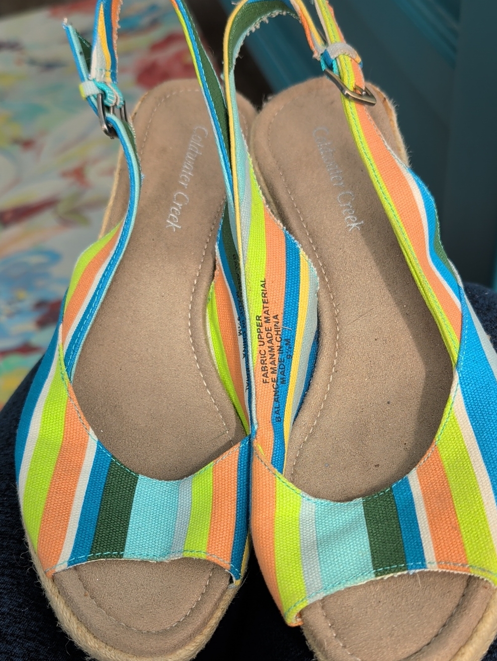 Coldwater Creek Multicolor Stripe Slingback Wedge Sandals